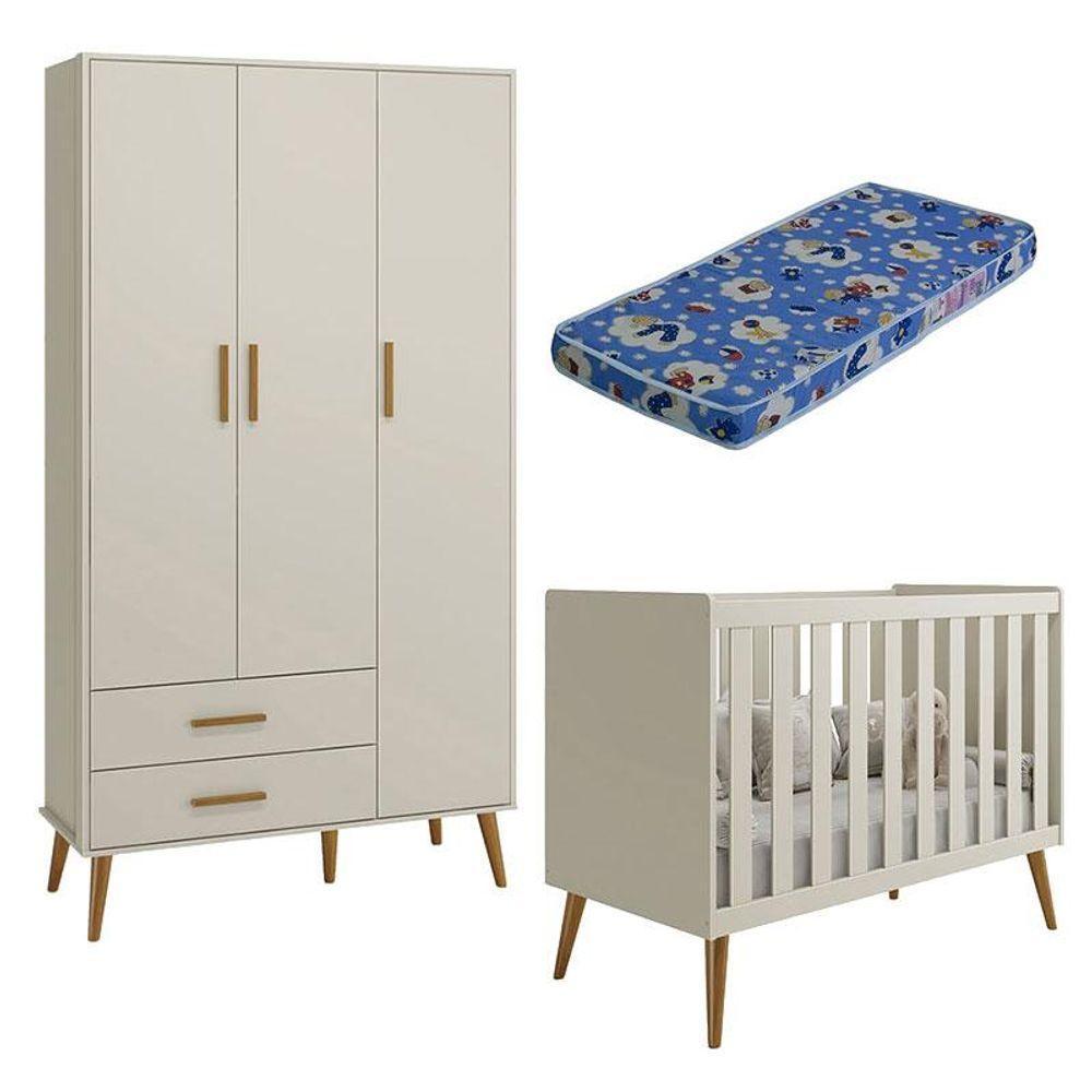 Berço Americano E Guarda Roupa Infantil 3 Portas Isis Areia Acetinado Com Colchão Ortobom - Reller - 1