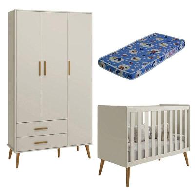 Berço Americano E Guarda Roupa Infantil 3 Portas Isis Areia Acetinado Com Colchão Ortobom - Reller