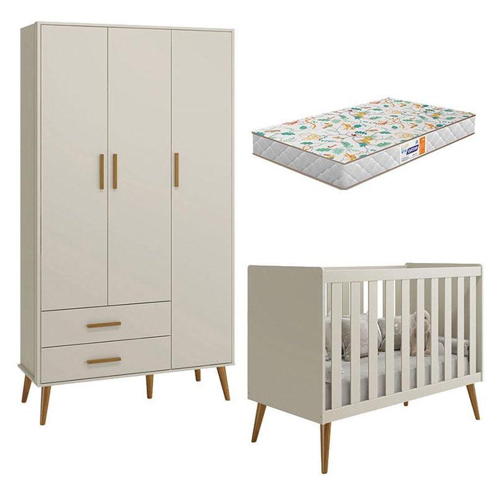 Berço Americano E Guarda Roupa Infantil 3 Portas Isis Areia Acetinado Com Colchão Gazin - Reller - 1