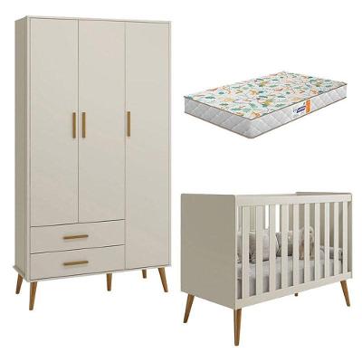 Berço Americano E Guarda Roupa Infantil 3 Portas Isis Areia Acetinado Com Colchão Gazin - Reller