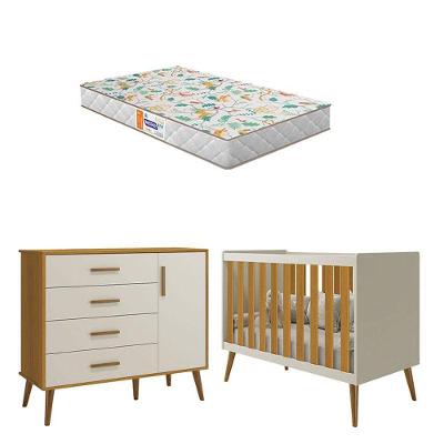 Berço Americano E Cômoda Infantil Com Porta Isis Areia Acetinado Savana Com Colchão Gazin - Reller