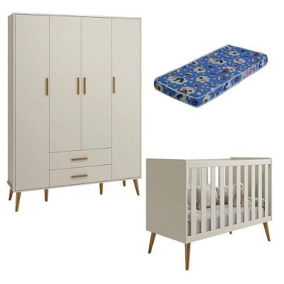 Berço Americano E Guarda Roupa Infantil 4 Portas Isis Areia Acetinado Com Colchão Ortobom - Reller