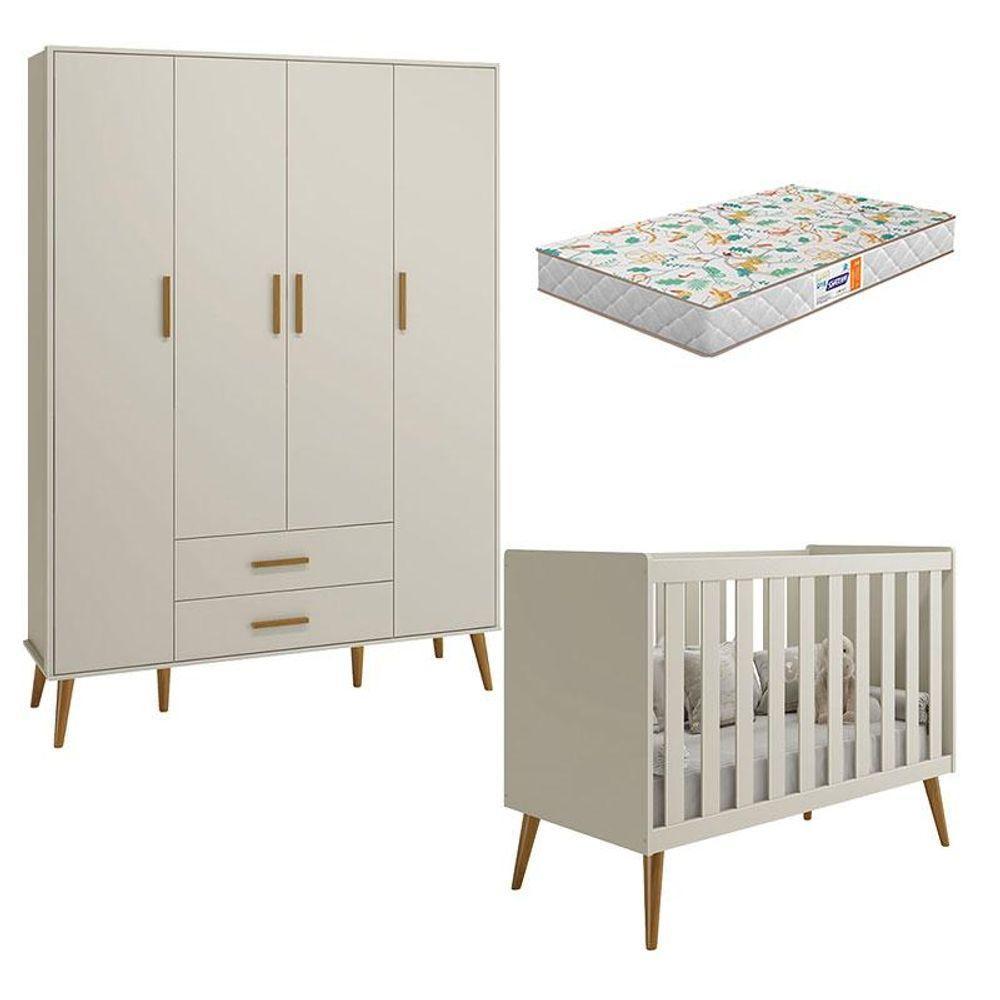 Berço Americano E Guarda Roupa Infantil 4 Portas Isis Areia Acetinado Com Colchão Gazin - Reller - 1