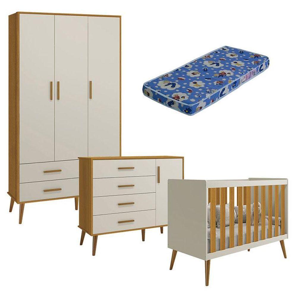 Quarto De Bebê Isis 3 Portas Areia Acetinado Savana Com Colchão Ortobom - Reller - 1