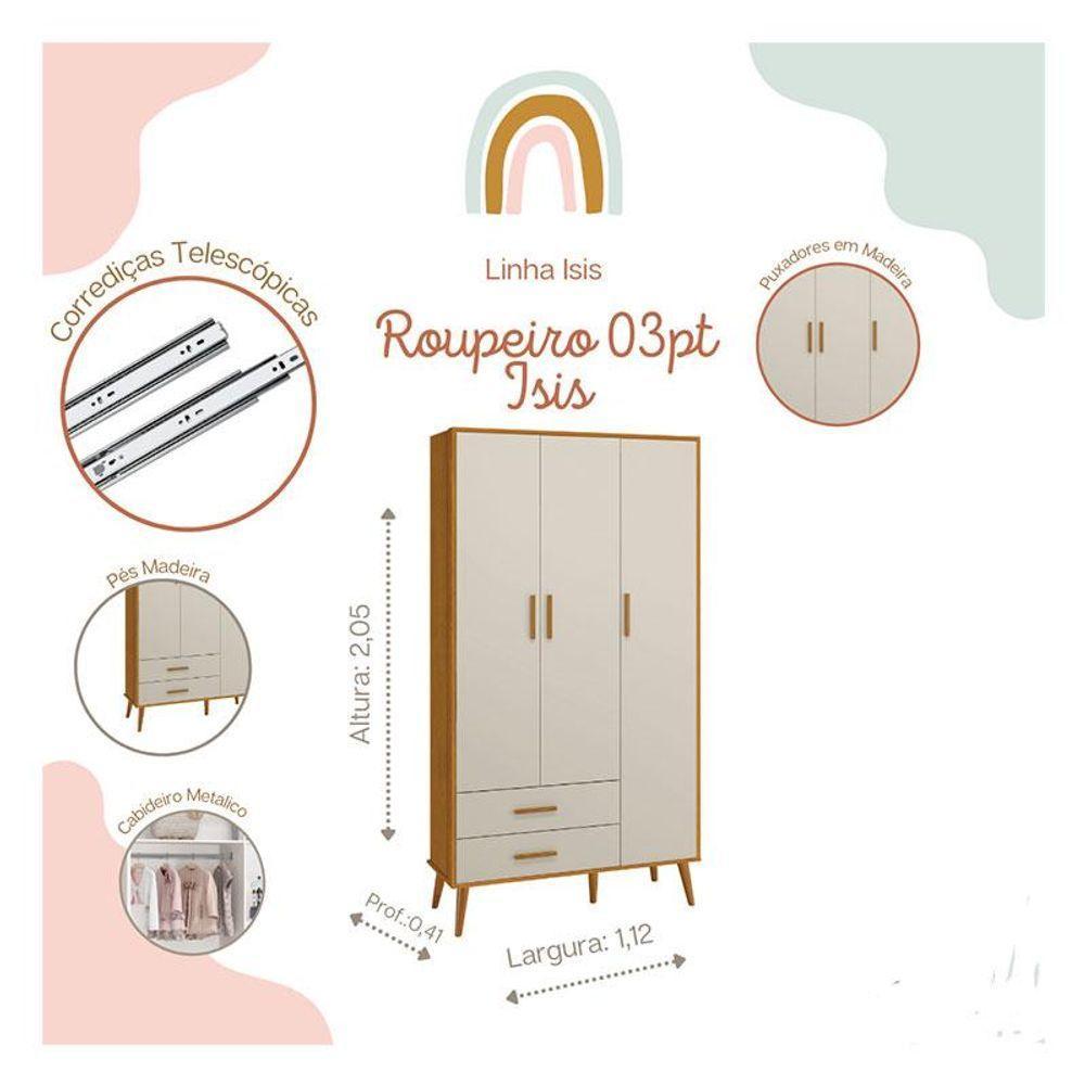 Quarto De Bebê Isis 3 Portas Areia Acetinado Savana Com Colchão Ortobom - Reller - 6