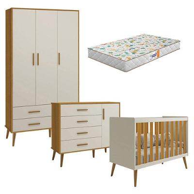 Quarto De Bebê Isis 3 Portas Areia Acetinado Savana Com Colchão Gazin - Reller
