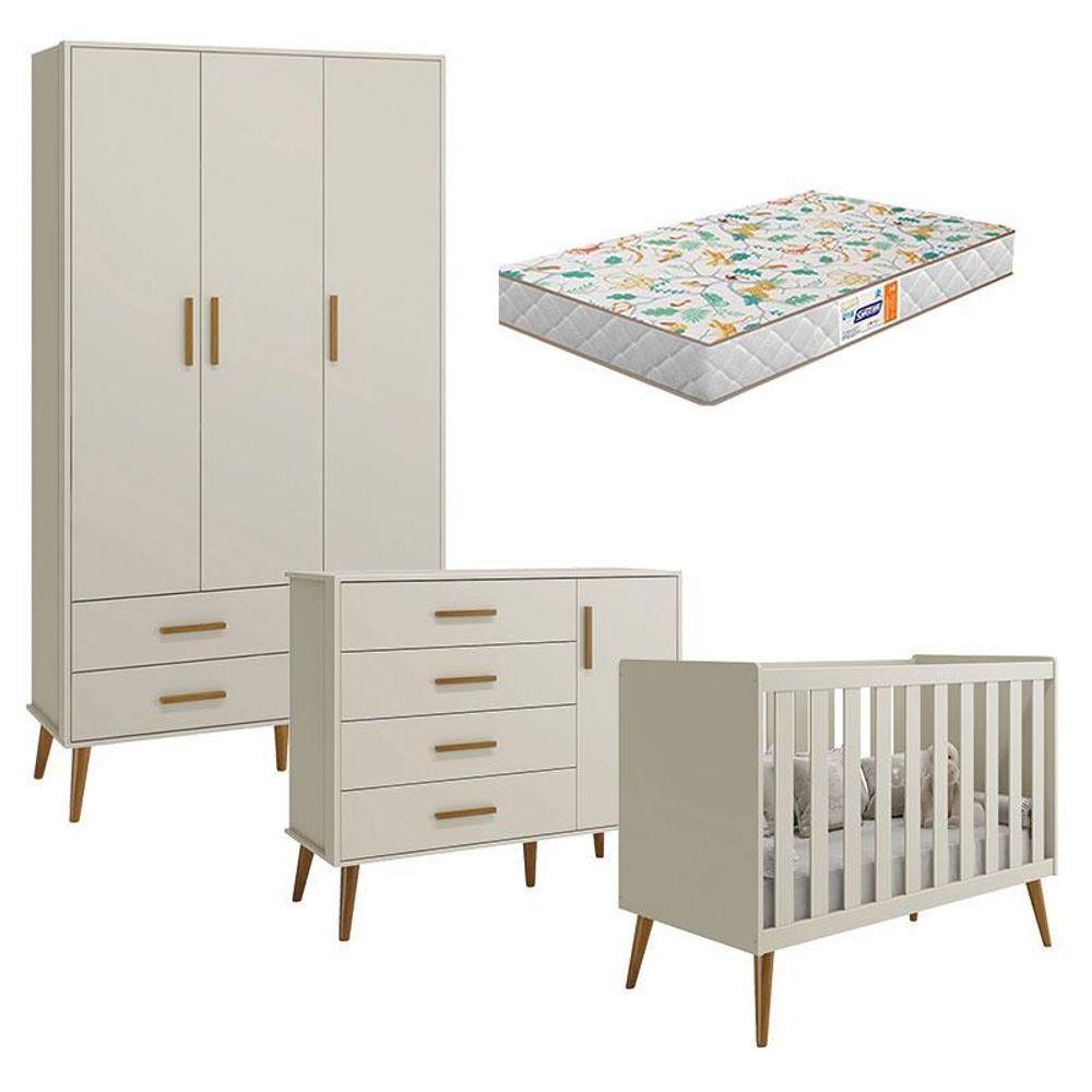 Quarto De Bebê Isis 3 Portas Areia Acetinado Com Colchão Gazin - Reller - 1