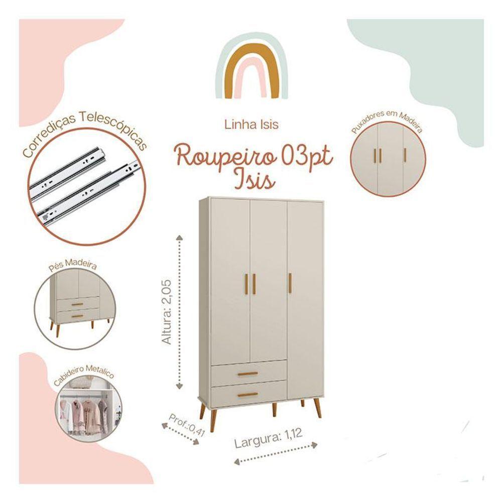 Quarto De Bebê Isis 3 Portas Areia Acetinado Com Colchão Gazin - Reller - 6