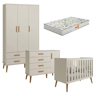 Quarto De Bebê Isis 3 Portas Areia Acetinado Com Colchão Gazin - Reller