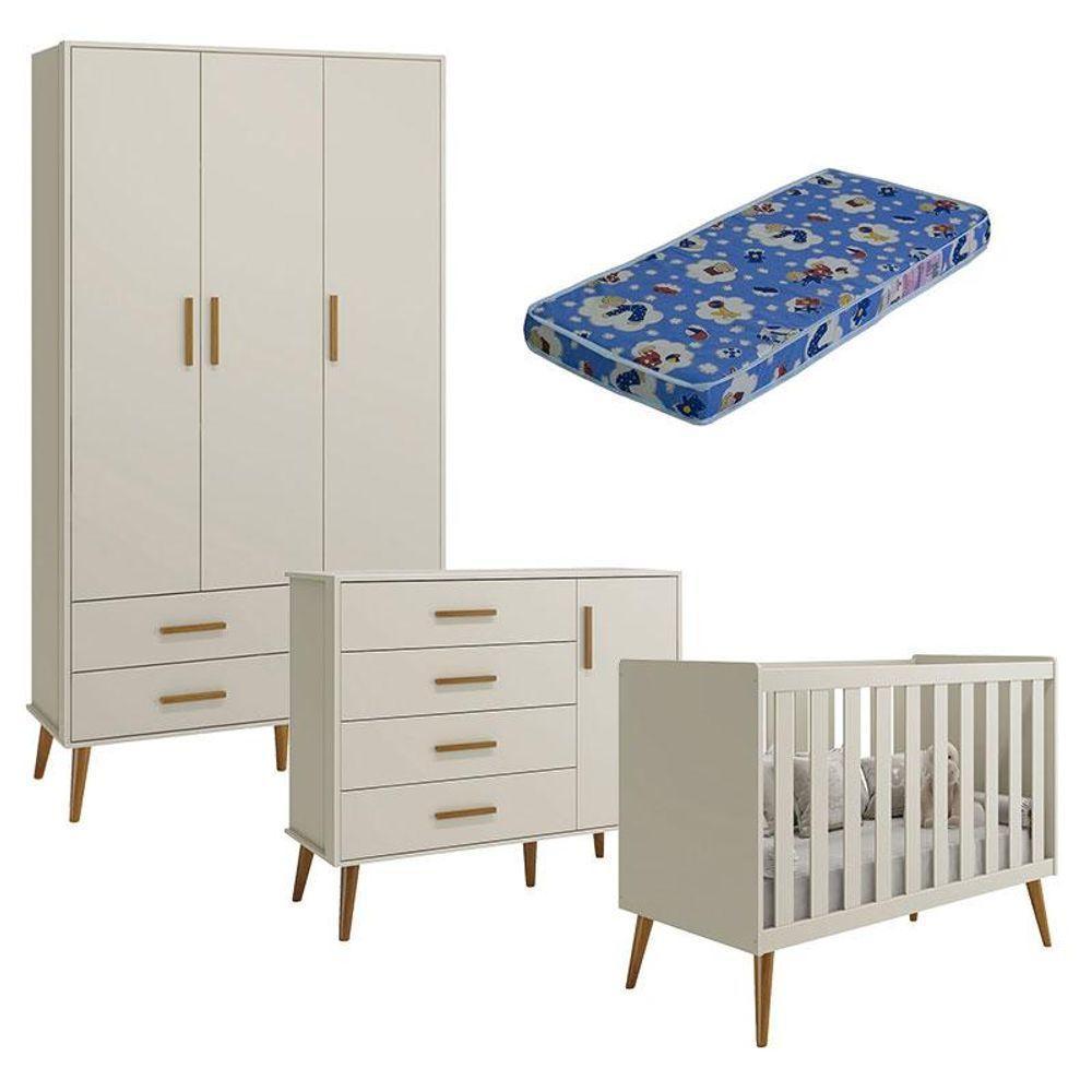 Quarto De Bebê Isis 3 Portas Areia Acetinado Com Colchão Ortobom - Reller - 1