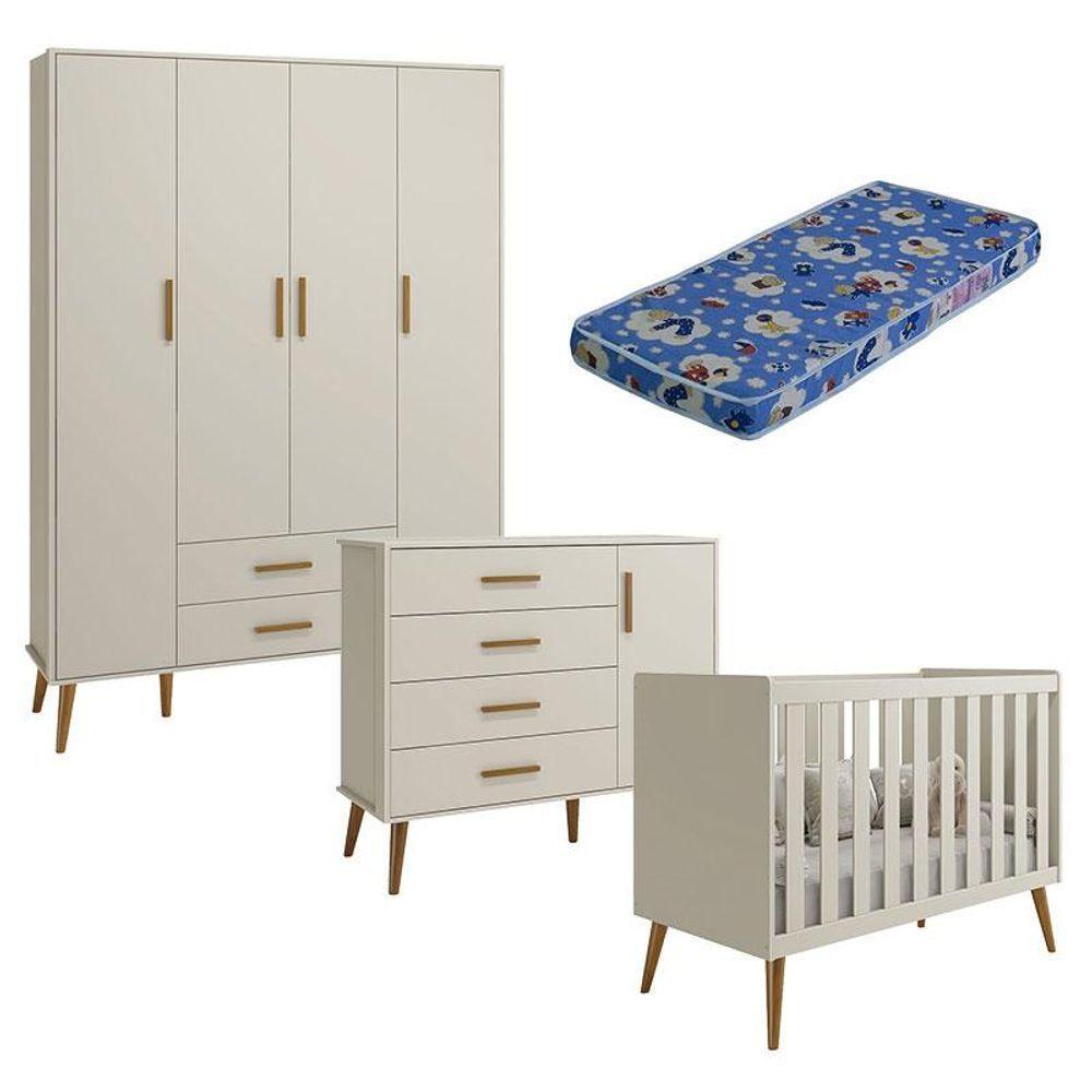 Quarto De Bebê Isis 4 Portas Areia Acetinado Com Colchão Ortobom - Reller - 1