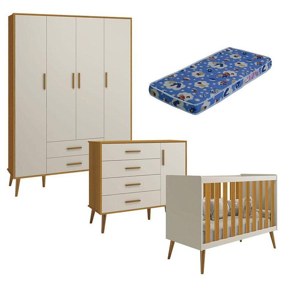 Quarto De Bebê Isis 4 Portas Areia Acetinado Savana Com Colchão Ortobom - Reller - 1