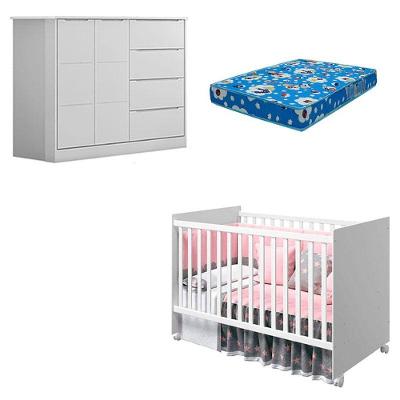 Conjunto Berço Americano Tico e Cômoda Eloá em MDF com Colchão Incluso Branco