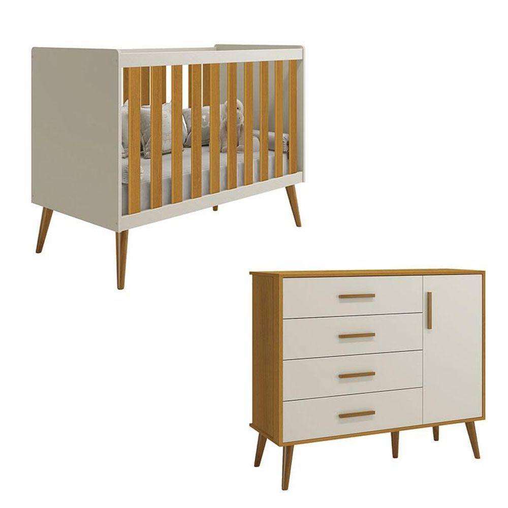 Berço Americano E Cômoda Infantil Com Porta Isis Areia Acetinado Savana - Reller - 1