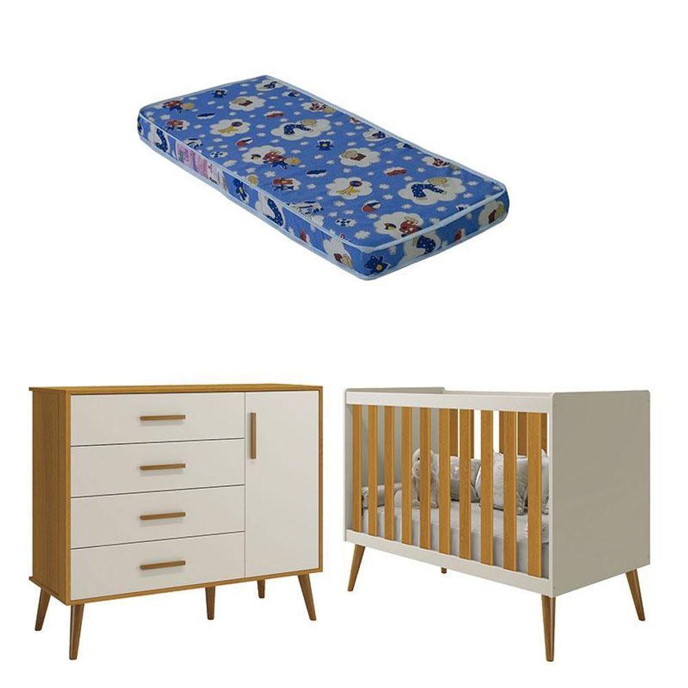 Berço Americano E Cômoda Infantil Com Porta Isis Areia Acetinado Savana Com Colchão Ortobom - 1