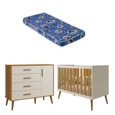 Berço Americano E Cômoda Infantil Com Porta Isis Areia Acetinado Savana Com Colchão Ortobom
