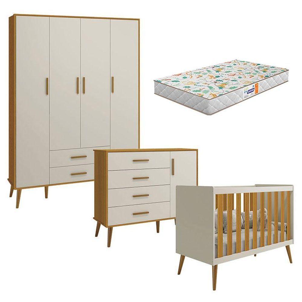 Quarto De Bebê Isis 4 Portas Areia Acetinado Savana Com Colchão Gazin - Reller - 1