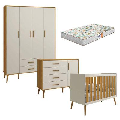 Quarto De Bebê Isis 4 Portas Areia Acetinado Savana Com Colchão Gazin - Reller