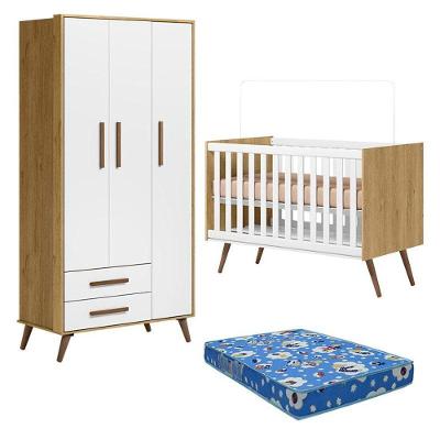 Berço Americano 3820 E Guarda Roupa 3830 Q Encanto Retrô Freijó Toq Branco Acetinado Com Colchão Ortobom - Qmovi