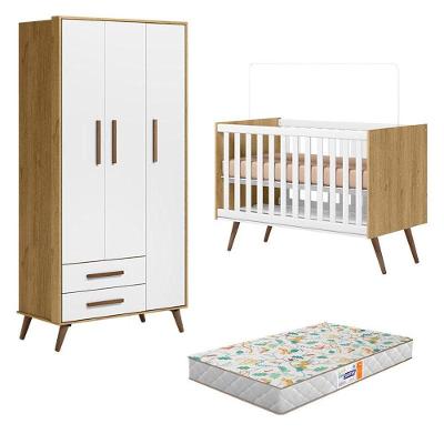 Berço Americano 3820 E Guarda Roupa 3830 Q Encanto Retrô Freijó Toq Branco Acetinado Com Colchão Gazin- Qmovi