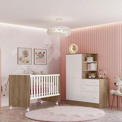 Berço Nacional 3540 E Guarda Roupa Com Cômoda 4070 Ambiente Doce Sonho Carvalho Rústico Toq Branco - Qmovi