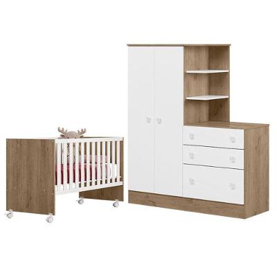 Berço Nacional 3540 E Guarda Roupa Com Cômoda 4070 Doce Sonho Carvalho Rústico Toq Branco - Qmovi