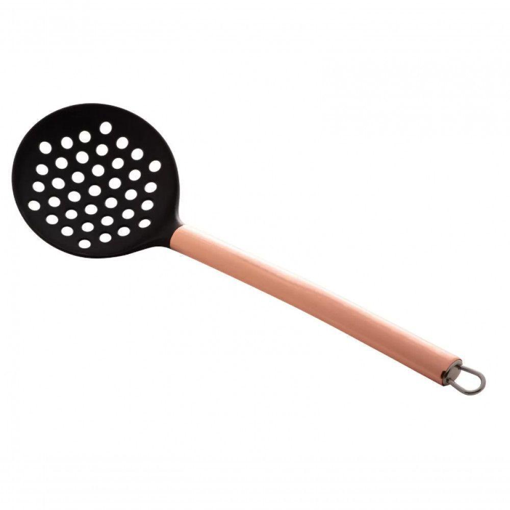 Escumadeira De Nylon Preta Cabo De Aço Inox Rose Gold 34cm - 1