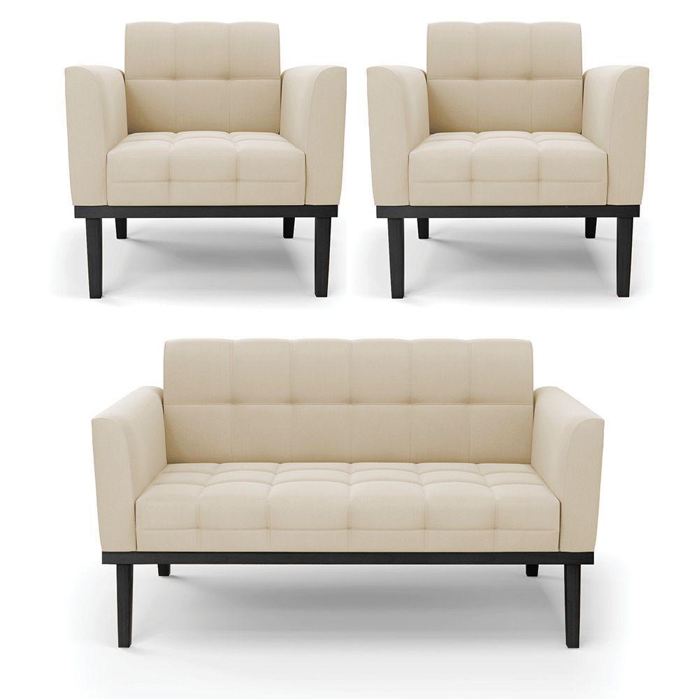 Conjunto 2 Poltronas E 1 Namoradeira Decorativa Pés Fixo Em Madeira Preto Suede Bege - 7