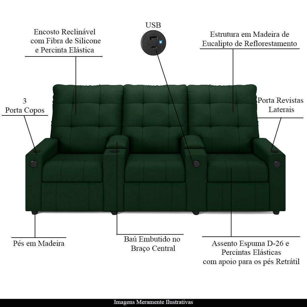 Poltrona Reclinável Para Cinema Parma 3 Lugares Baú Usb Veludo Verde Fh1 - D'rossi - 7