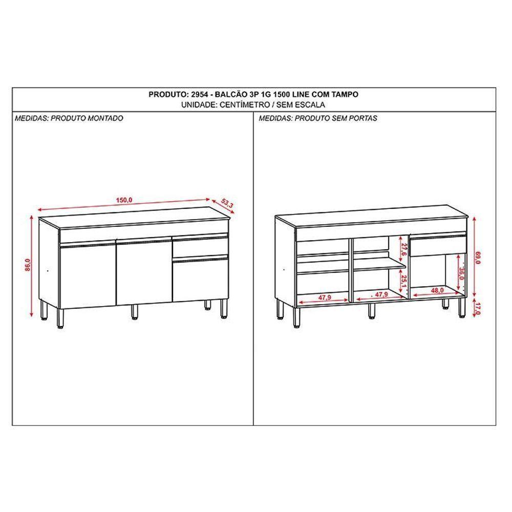 Balcão De Pia Ambiente Line 150 Cm Com Tampo Gris - Kits Paraná - 2