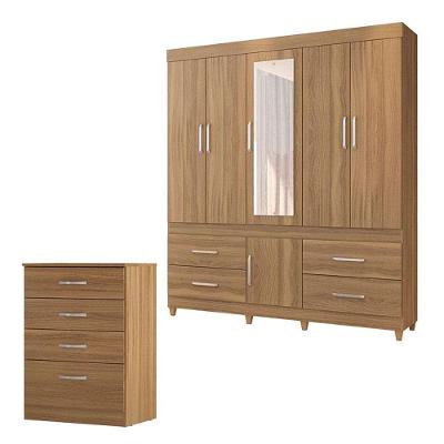 Cômoda e Guarda Roupa Casal Astral Guarujá 6 Portas 4 Gavetas em MDP Amêndola Touch