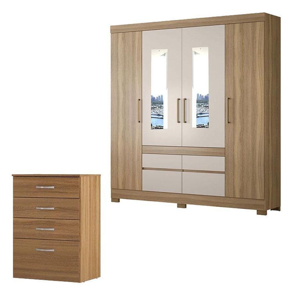 Cômoda Astral E Guarda Roupa Casal Bilbao Amêndola Off White Com Espelho - Demóbile - 1