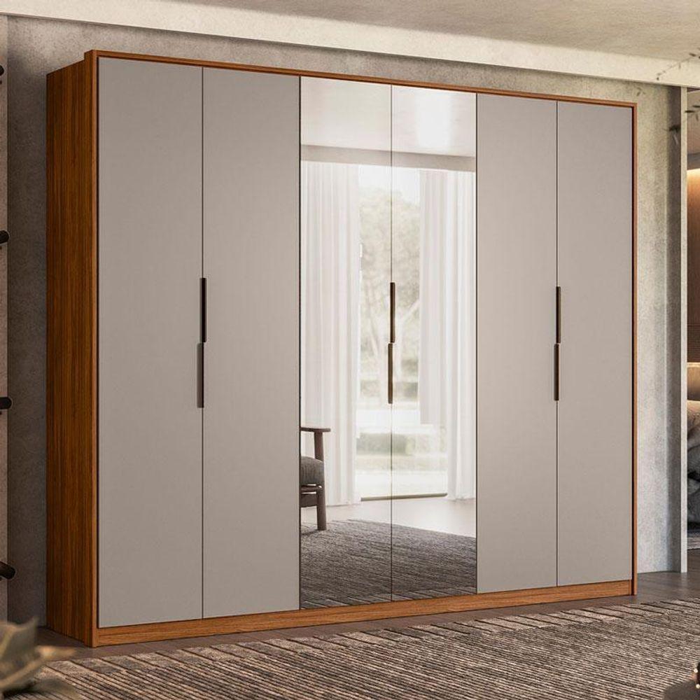 Guarda Roupa Casal Atrice Ambiente 6 Portas Nogueira Nude Prime Tx Com Espelho Demóbile - Demartêz - 1