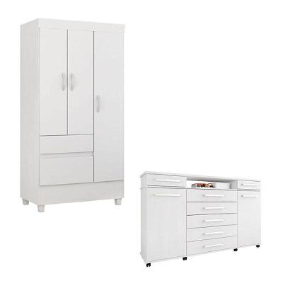 Cômoda e Guarda Roupa Solteiro London Wind em MDP com 5 Portas 9 Gavetas e Corrediças Simples Branco