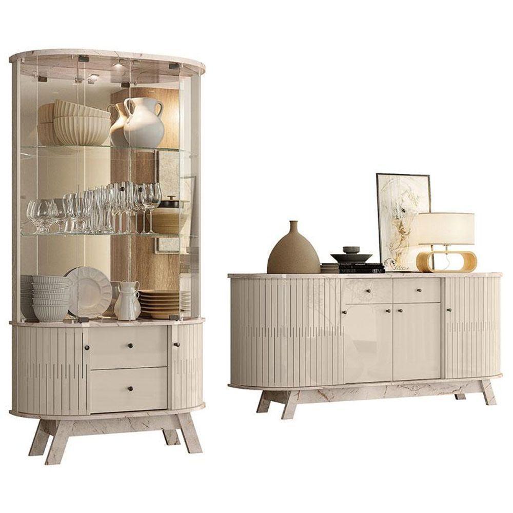Aparador Para Sala Buffet Mônaco E Cristaleira Moss Calacata Off White - Madetec - 1