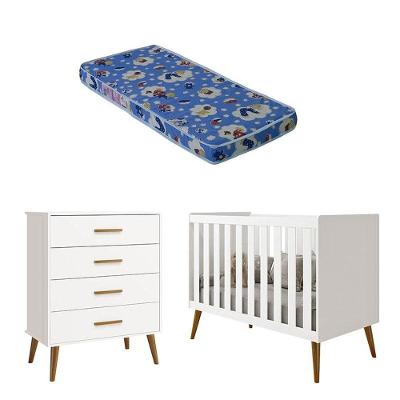 Berço Americano E Cômoda Gaveteiro Infantil Isis Branco Acetinado Com Colchão Ortobom - Reller