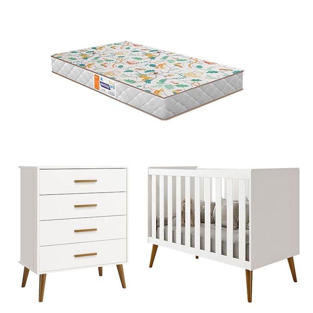 Berço Americano E Cômoda Gaveteiro Infantil Isis Branco Acetinado Com Colchão Gazin - Reller - 1
