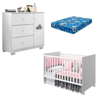 Berço Americano e Cômoda Tico Ane 1 Porta 3 Gavetas 100% MDF 133 cm Branco Phoenix Baby