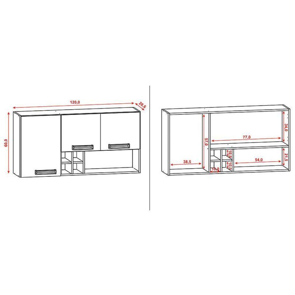 Armário Aéreo Ametista 3 Portas E 4 Garrafas 120 Cm Nogueira Off White - Kits Paraná - 2