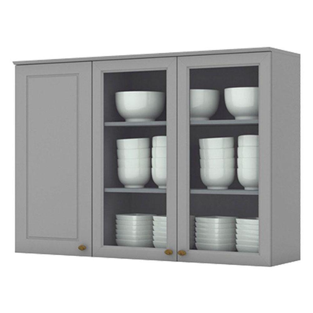 Armário Aéreo 3 Portas Com Vidro 120 Cm Nova York Cinza - Henn - 1