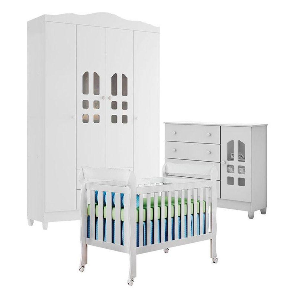 Quarto De Bebê New Selena 4 Portas Com Berço Lila E Cômoda Selena Branco Brilho - 1