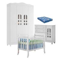 Quarto De Bebê New Selena 4 Portas Com Berço Lila E Cômoda Selena Branco Brilho E Colchão Ortobom - 1