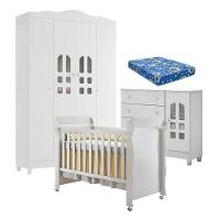 Quarto De Bebê New Selena 4 Portas Cômoda Selena E Berço Mirelle Branco Brilho E Colchão Ortobom - 1