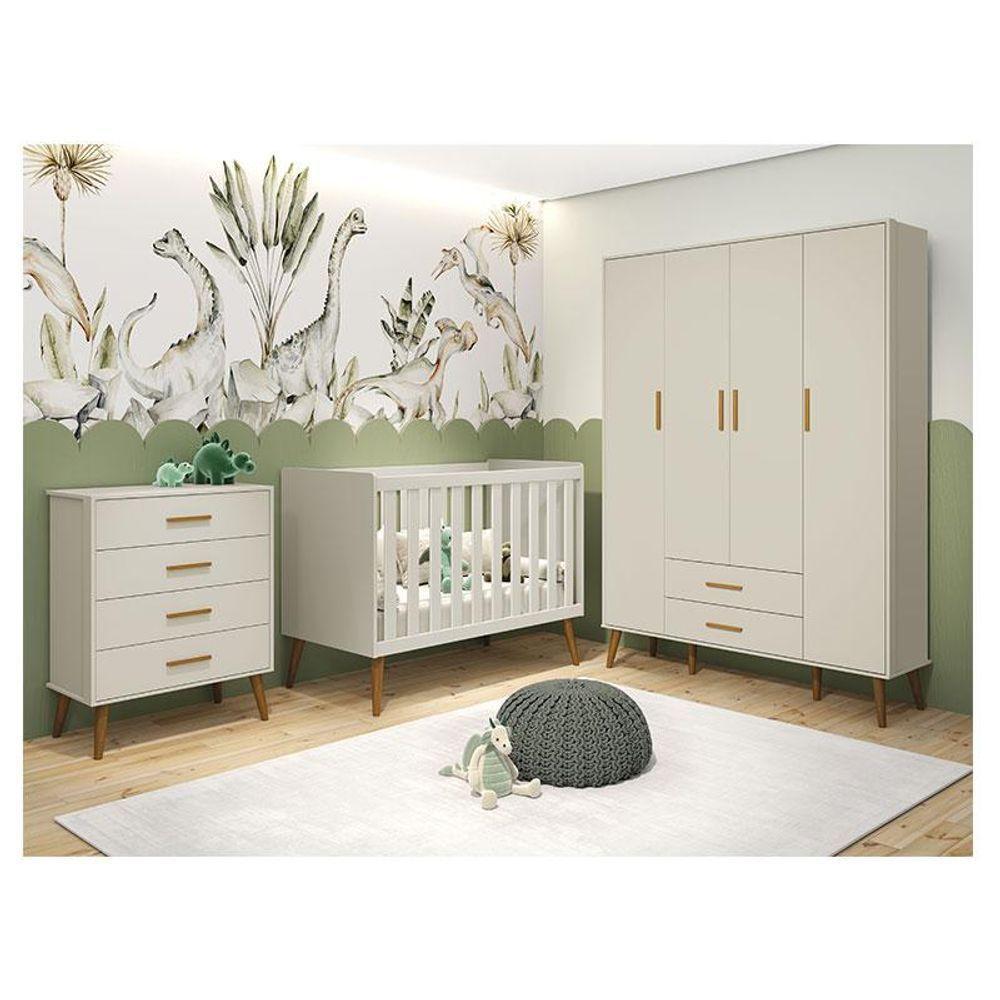 Quarto De Bebê Isis 4 Portas Com Gaveteiro Areia Acetinado - Reller - 1