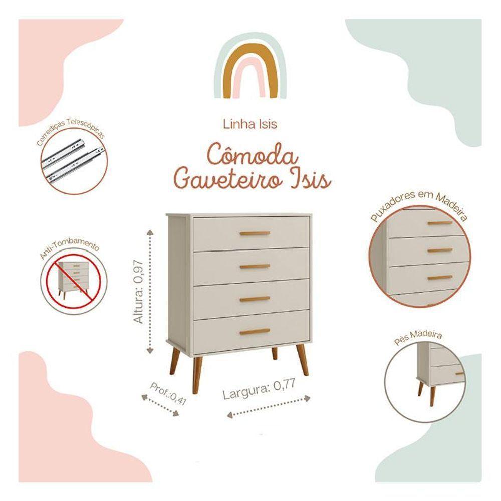 Quarto De Bebê Isis 4 Portas Com Gaveteiro Areia Acetinado - Reller - 4