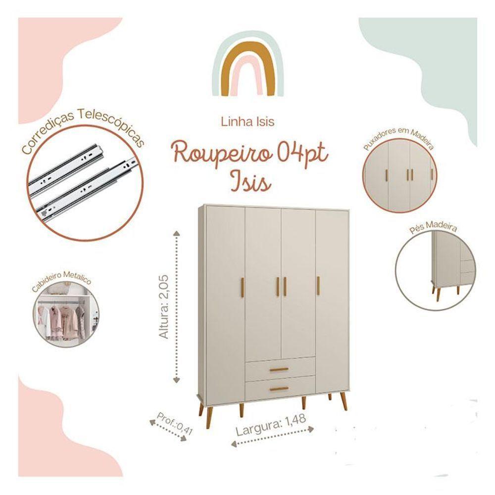 Quarto De Bebê Isis 4 Portas Com Gaveteiro Areia Acetinado - Reller - 5