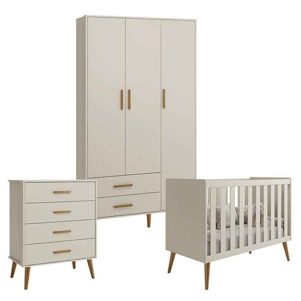 Quarto De Bebê Isis 3 Portas Com Gaveteiro Areia Acetinado - Reller - 1