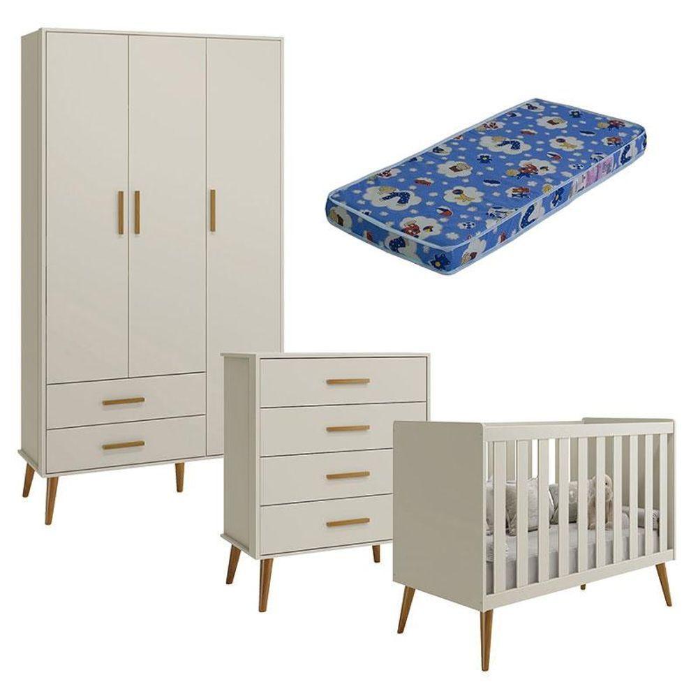 Quarto De Bebê Isis 3 Portas Com Gaveteiro Areia Acetinado E Colchão Ortobom - Reller - 1