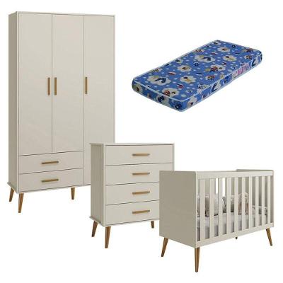 Quarto De Bebê Isis 3 Portas Com Gaveteiro Areia Acetinado E Colchão Ortobom - Reller