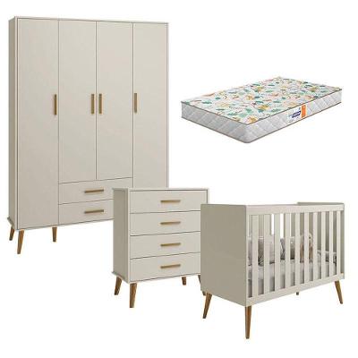 Quarto De Bebê Isis 4 Portas Com Gaveteiro Areia Acetinado Com Colchão Gazin - Reller